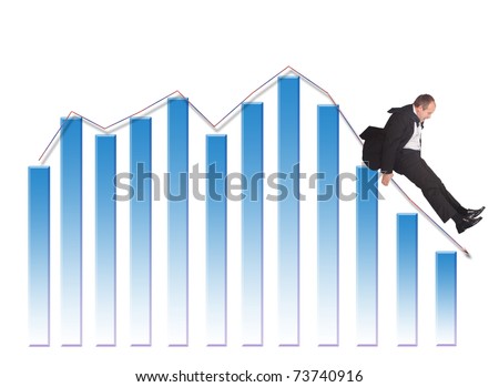 Businessman sliding down upon graph-isolated on white