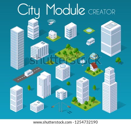 Isometric set module city with skyscraper from urban building vector architecture. Modern white illustration for design game and business shape background