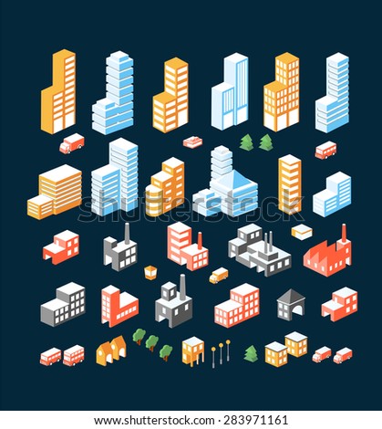 A large set of isometric buildings, buildings and transport.