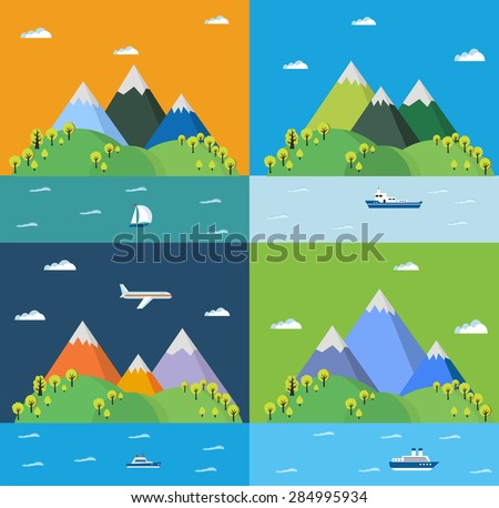 Set landscape with mountains, trees and the sea. Landscapes of the mountains in a flat style for design and designing web graphics.