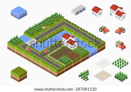 Isometric landscape of countryside with farm, tractor, harvest, the beds and the river.