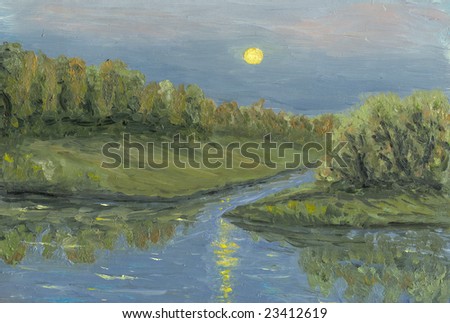 Oil painting hand drawn with lake lighting full night moon