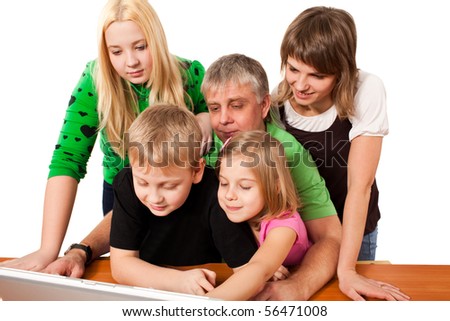 children with father surfing the net isolated on white background