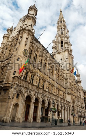 BRUSSELS, BELGIUM - SEPTEMBER 13: Town Hall (Hotel de Ville) on Grand Place (Grote Markt) on Sep 13, 2012 in Brussels, Belgium. Grand Place was named by UNESCO as a World Heritage Site in 1998.