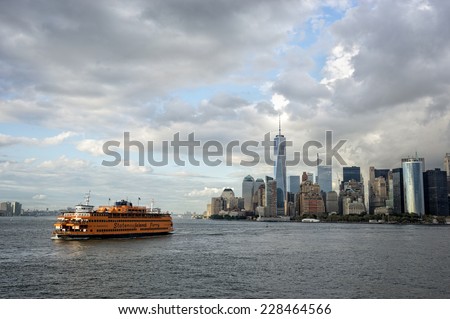 NEW YORK CITY - SEPTEMBER 16: Manhattan and the Staten Island ferry.  September 16, 2014, in New York City, USA. The Ferry is a municipal service since 1905 and carries over 21 million people by year