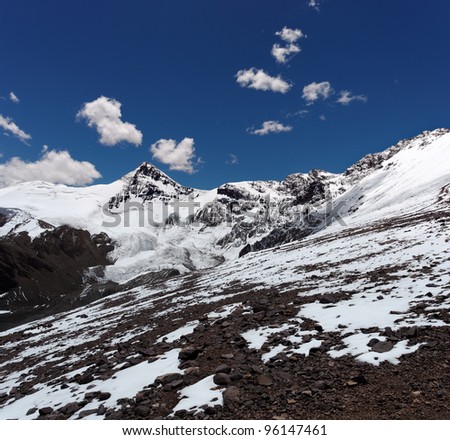 View of the Cuerno Mountain from the West face of Aconcagua mountain. Aconcagua Provincial Park, Mendoza, Argentina, South America.