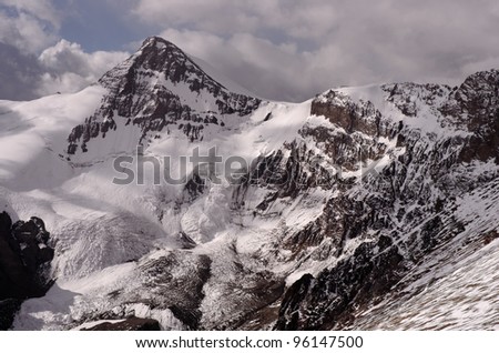 View of the Cuerno Mountain from the West face of Aconcagua mountain. Aconcagua Provincial Park, Mendoza, Argentina, South America.