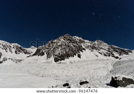 Night view of Cathedral mountain from Plaza de Mulas base camp, just after a snow storm. Aconcagua Provincial Park, Mendoza, Argentina, South America.