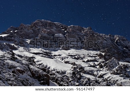 Night view of Aconcagua from Plaza de Mulas base camp. Aconcagua Provincial Park, Mendoza, Argentina, South America. Aconcagua is the highest mountain in America.