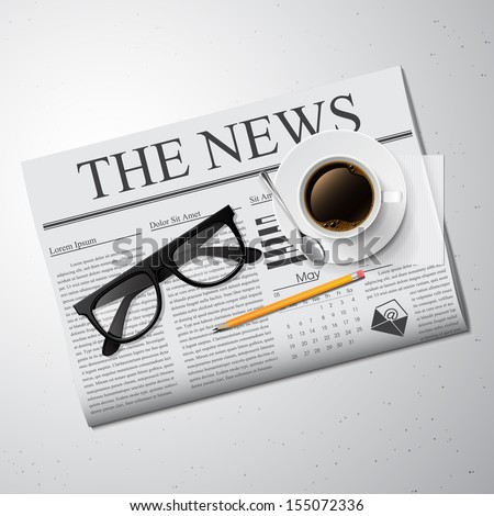 Cup of coffee newspaper and glasses Detailed vector illustration Cup of coffee newspaper and glasses Detailed vector illustration