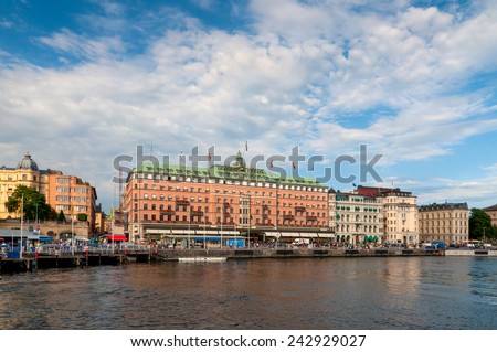 STOCKHOLM, SWEDEN - JULY 28: Grand Hotel on July 28, 2010 in Stockholm, Sweden. Grand Hotel is a luxury hotel at Stockholm waterfront and the only Swedish hotel among The Leading Hotels of The World.