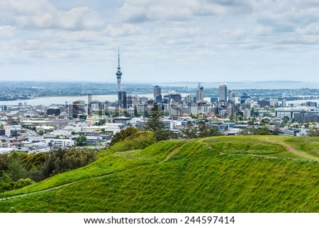 Auckland skyline looking from the top of Mount Eden, New Zealand