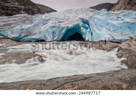 Jostedalsbreen glacier and glacial river in Norway - melting because of Global warming. Water blurred long exposure.