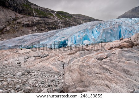 Jostedalsbreen National Park in Briksdalen valley, glacier melting because of Global warming