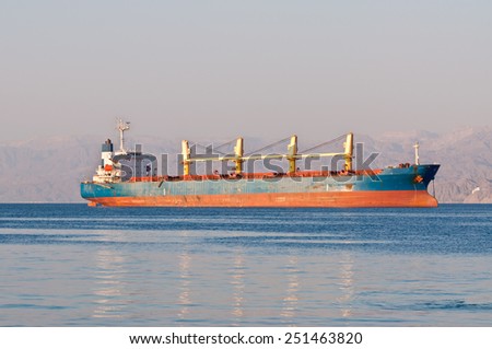 Bulk Carrier Cargo ship anchored off Eilat in Red gulf of Aqaba