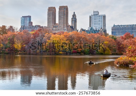 NEW YORK CITY, USA - NOVEMBER 14: Two couples can be seen in a row boat in Central Park in New York City, New York, USA at November 14, 2011.