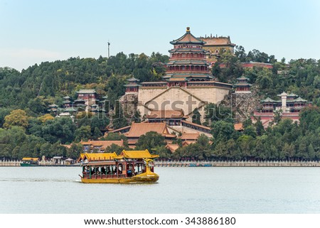 BEIJING, CHINA - OCTOBER 14, 2013: A dragon boat traveling on the Kunming Lake, Beijing, China. Summer Palace in the center.