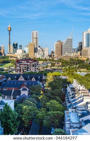 SYDNEY, AUSTRALIA - NOVEMBER 7, 2014: The view of Sydney City Skyline clear sunny morning. Rockwall Crescent Potts Point in the foreground.