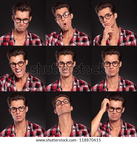 young man face expressions composite isolated on black studio background