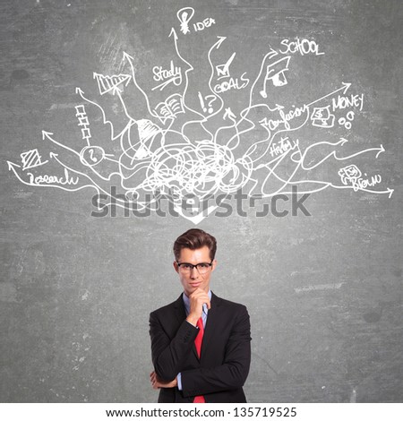 young business man with scrambled thoughts going in and out of his head