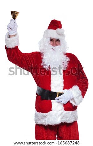 happy santa claus is ringing his little bell on white background