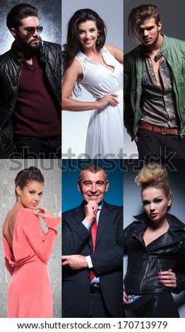 collage of different people , young, mature, casual, fashion, business, posing in studio