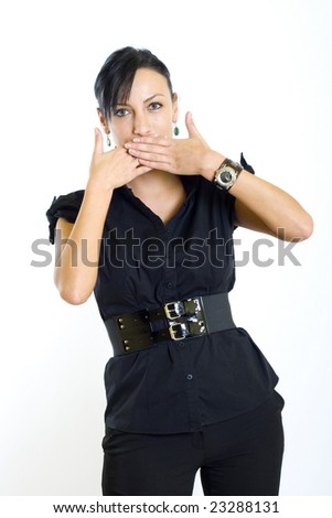 businesswoman in the Speak No Evil pose
