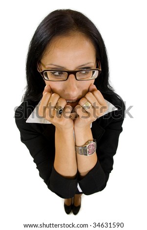 wide angle picture of worried businesswoman over white background