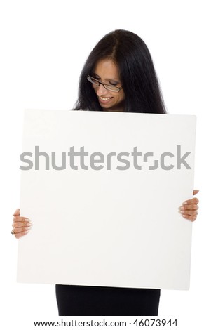 Young woman holding blank sign isolated on white