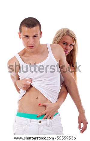stock photo woman in the back of a man and with her hand down his