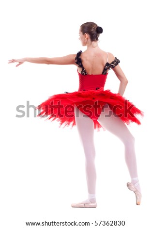ballerina wearing red tutu posing on white background - back picture