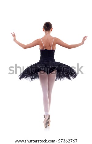 stock photo back picture of a ballerina wearing a black tu tu over white