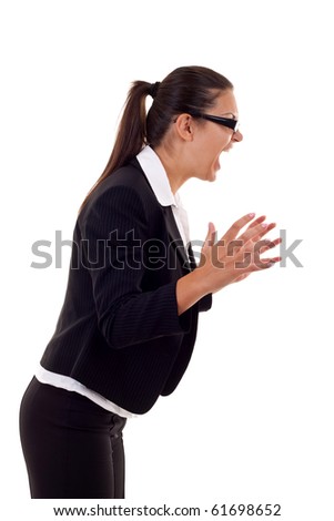 business woman screaming to a side isolated in white background