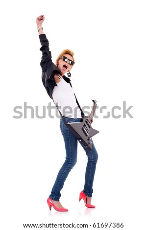 stock photo passionate blond woman guitarist playing the guitar with one