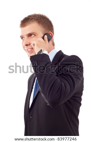 Side View Of A Young Business Man Talking On The Mobile Phone, Isolated 