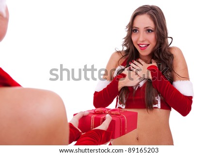 santa woman wondering if the present that she is about to receive is for her, over white background