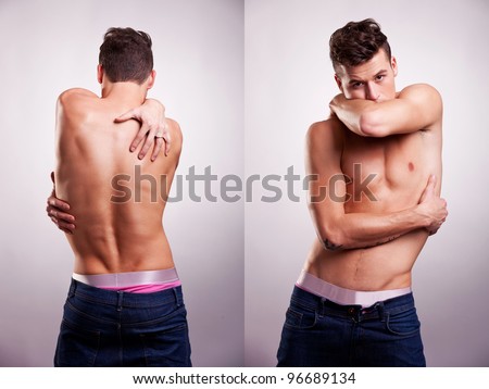 young fit man embracing himself on gray background. two images of a shirtless man with his arms around him, front and back images