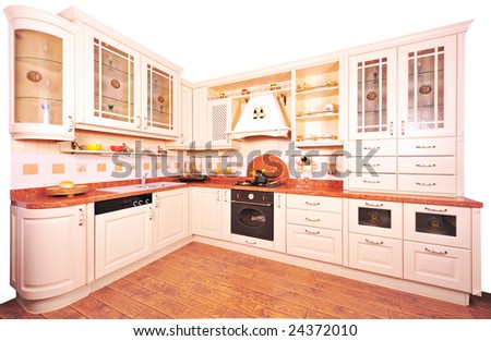 Interior of a table room in in classical style with a kind on kitchen and a bar rack