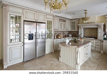 Interior of a table room in in classical style with a kind on kitchen and a bar rack