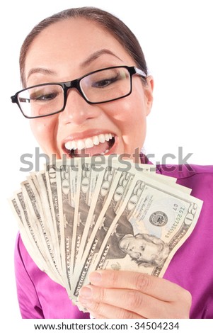 a picture of a woman holding up a wad of cash