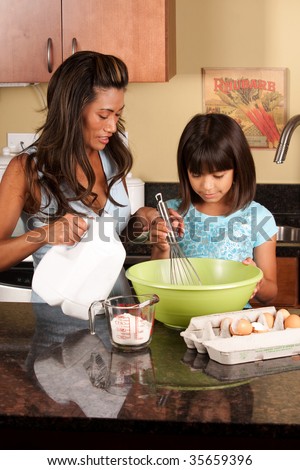 a child helper her mother in the kitchen