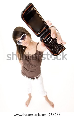 A funky girl holds up her phone