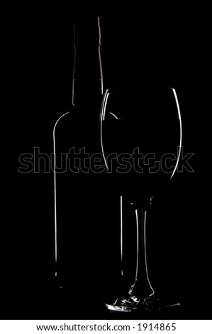 A bottle and glass are outlined with light on a black background