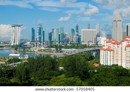 A shot of Singapore skyline including the Flyer and new integrated resort at Marina Bay
