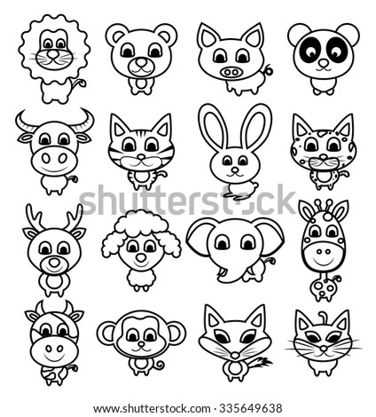 cute animal set, vector, illustration, baby animal cartoons, pig, giraffe, tiger, lion, cat, \
rabbit,  cows, buffalo, monkeys, bears, Coloring Book or Page Cartoon Illustration for Children