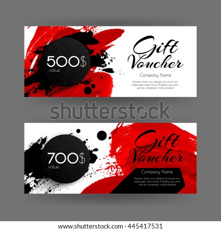 Vector gift voucher with abstract background. Red brush stroke  and black circle. Business card template. Design concept for boutique, shop, beauty salon, spa, fashion, invitation.