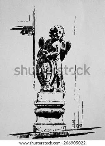 Black and white drawing Prague. Statue Cupid on sketchbook.