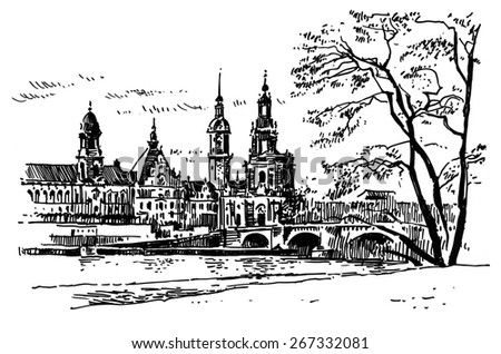 Black and white drawing Dresden. Panorama town on sketchbook.
