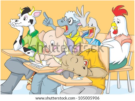 Funny Animal Students in a Classroom Illustration