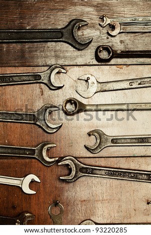Set of wrenches hanging on a wall, do it yourself